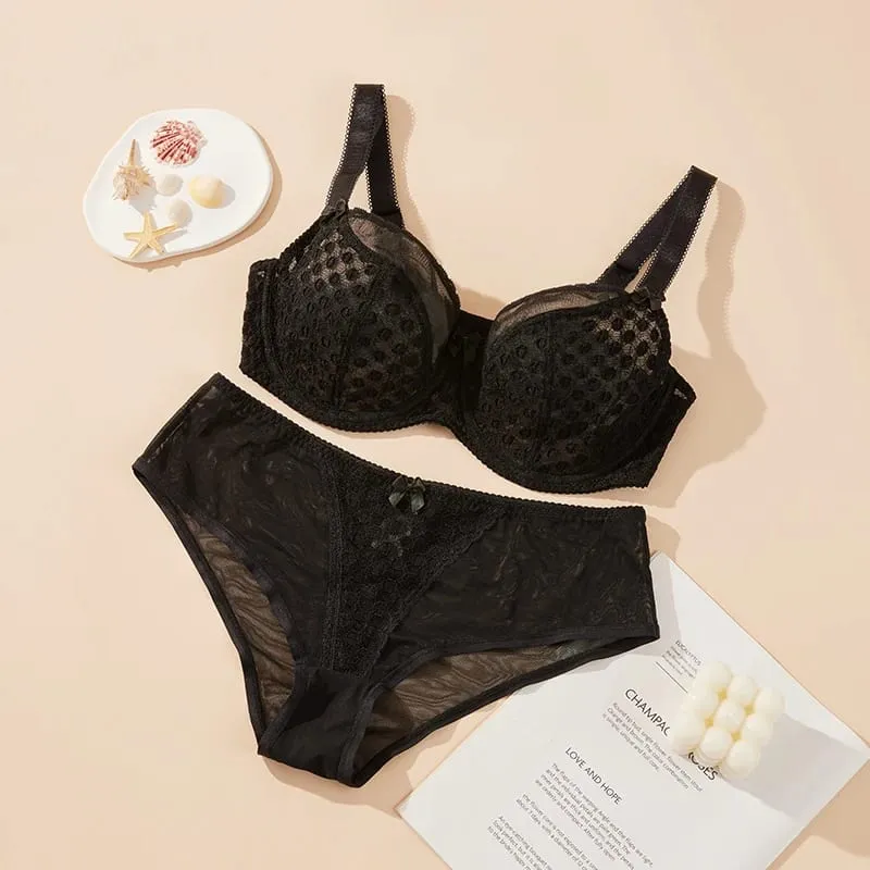 Mulheres curvilíneas plus size polka dot malha sutiã de renda conjunto calcinha underwire suporte figura completa copo grande e f g h i lingerie respirável 2 peças — image 7