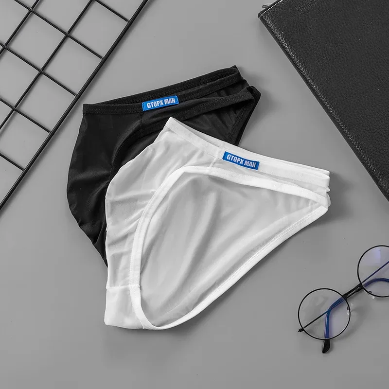 Cueca masculina sexy fina de seda gelo translúcida cuecas u bolsa ropa interior hombre calcinha masculina