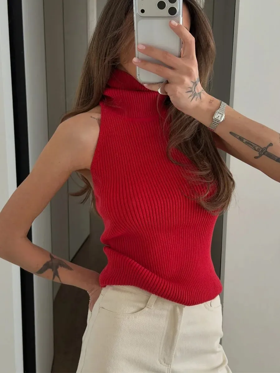 Solid Color Knit Sleeveless Tank Top Women High Neck Backless Slightly Fitted Cropped Vest Minimal Daily Fashion Casual Outfit
