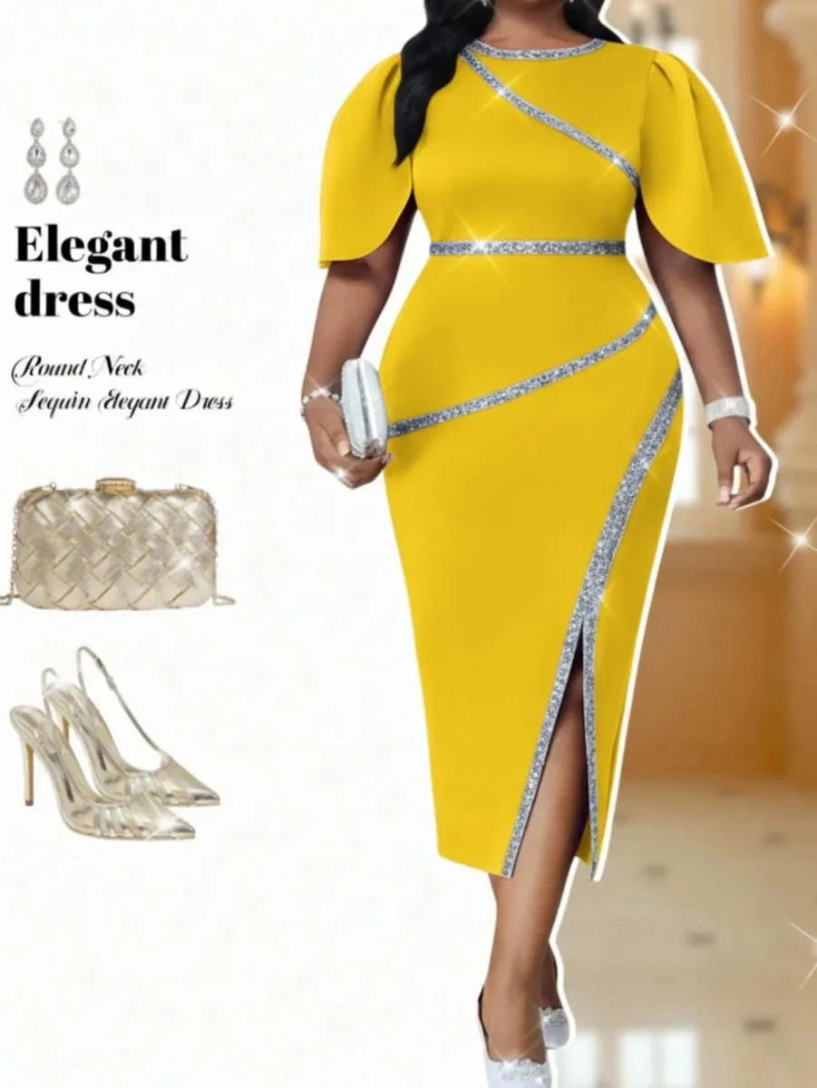 Feminino decote redondo manga esvoaçante decoração diagonal split midi bodycon vestido tamanho grande para jantar formal casamento convidado festa de noite moda ocasiões — image 1