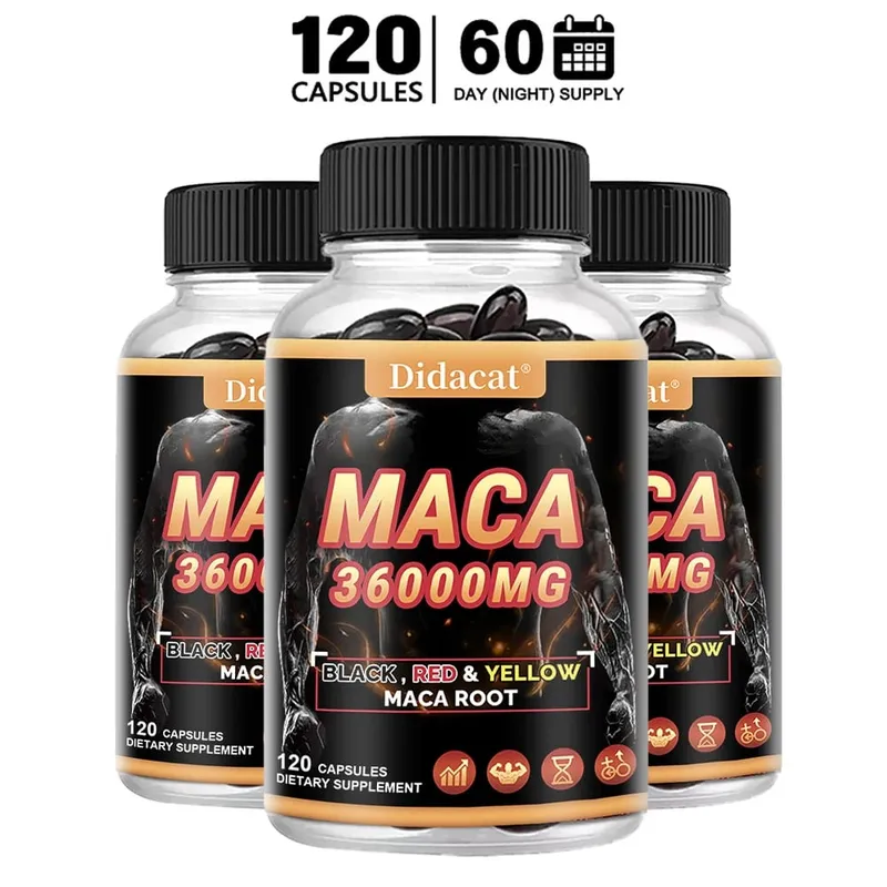 Cápsulas orgânicas em pó de raiz de maca com suplemento de extrato de raiz de maca preto + vermelho + amarelo para homens e mulheres - 120 cápsulas