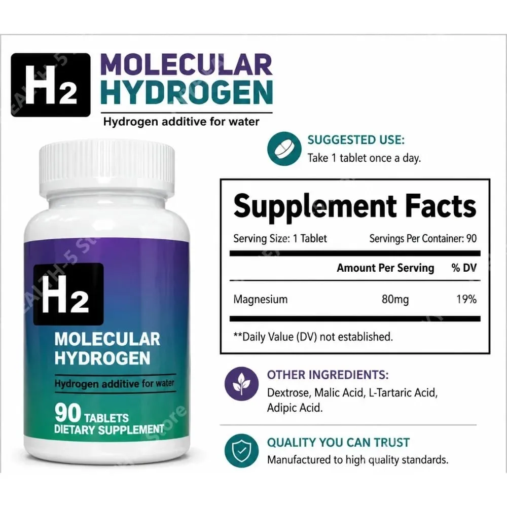 Comprimidos de água de hidrogênio, aditivo de água molecular de hidrogênio H2 de 90 contagens com magnésio para suporte diário de hidratação