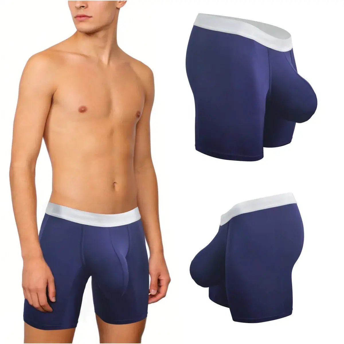 Cueca boxer masculina de seda gelo, bolsa extra profunda respirável, longa corrida, esporte, academia, roupa íntima, anti-atrito, livre de calções macios