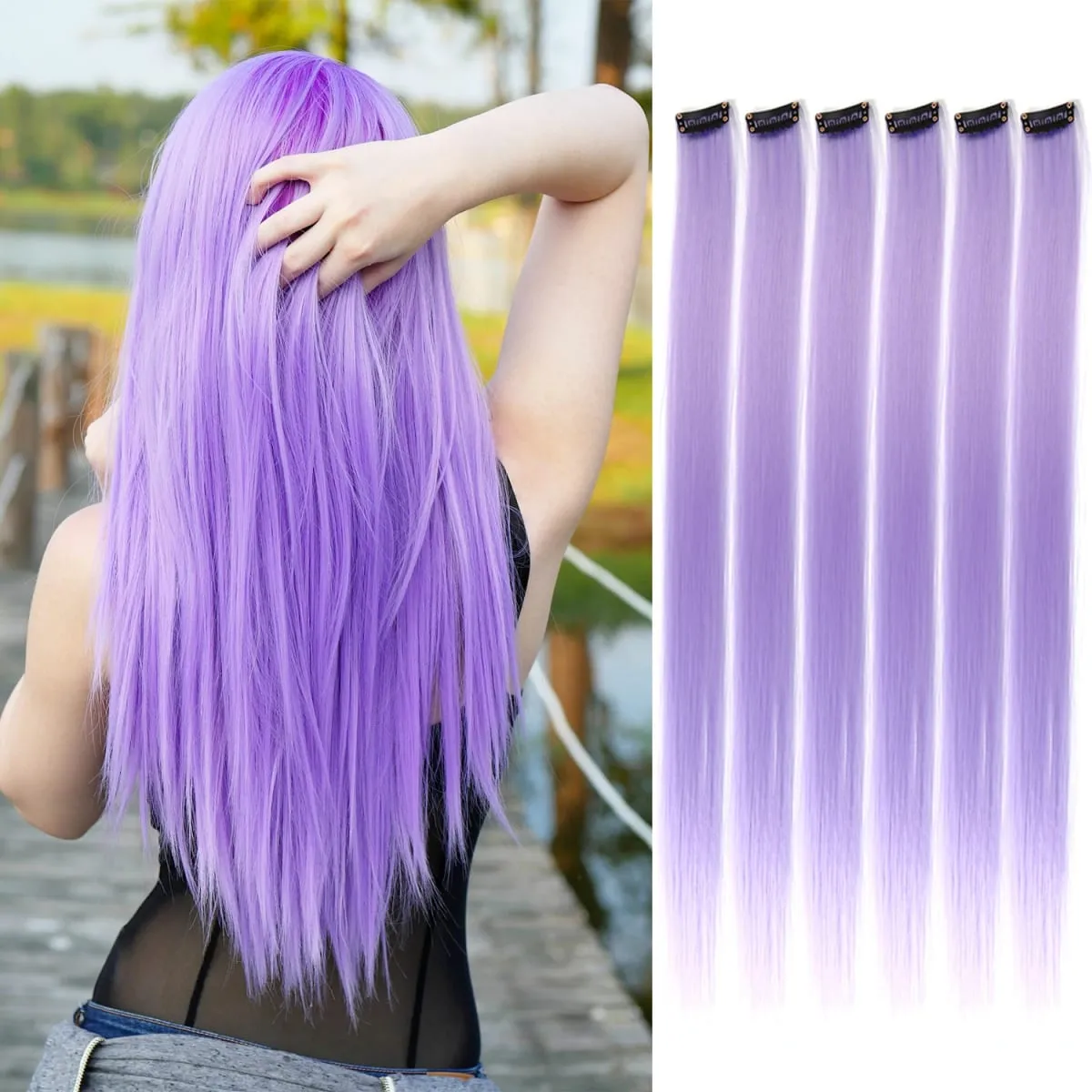 6 unidades/pacote colorido festa destaques clipe em extensões de cabelo 22 polegadas multi-cores cabelo liso sintético postiços — image 14