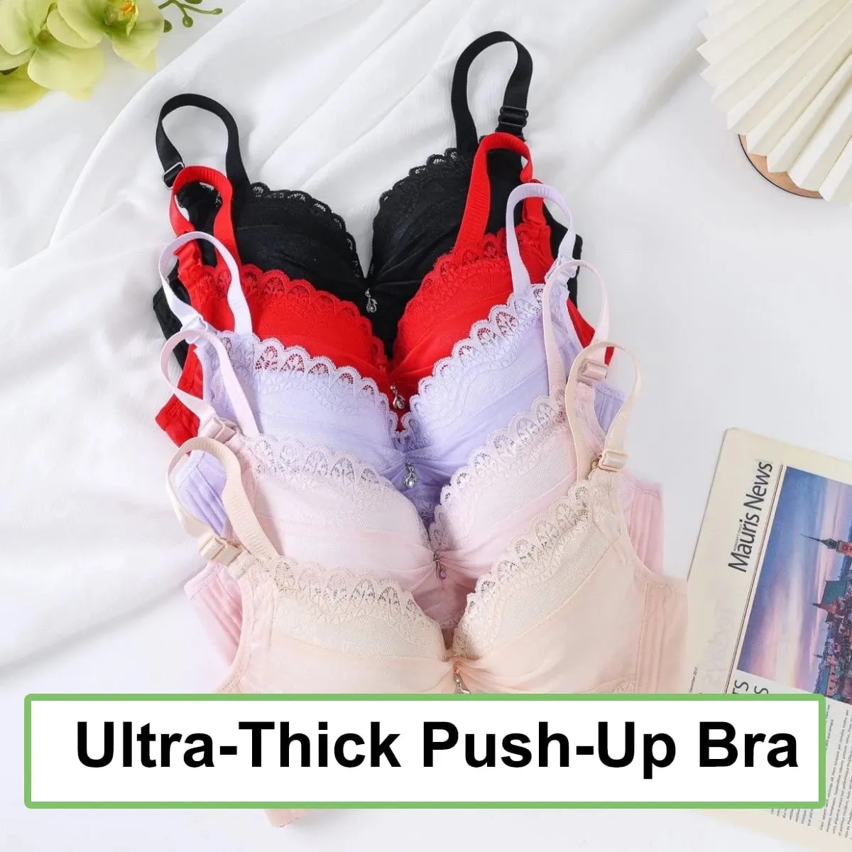 Sutiã push up ultra grosso de 8 cm, renda reunida sem fio, cobertura completa, lingerie, suporte lateral para copo A/B feminino