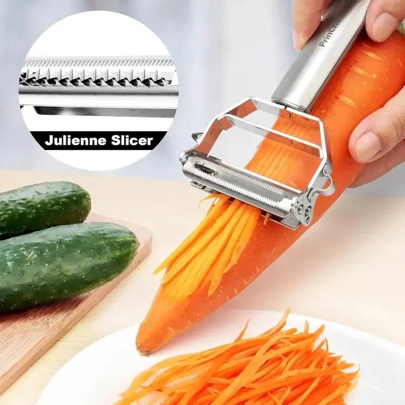 Descascador de vegetais em aço inoxidável 4 em 1, ferramenta multifuncional de cozinha com alça ergonômica antiderrapante para batata, cenoura, pepino