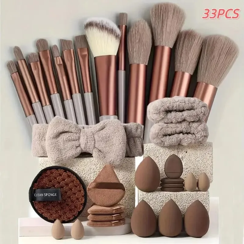 20 33 unidades conjunto completo de ferramentas de maquiagem com esponja de beleza pincel puff para aplicação e remoção de maquiagem uso diário
