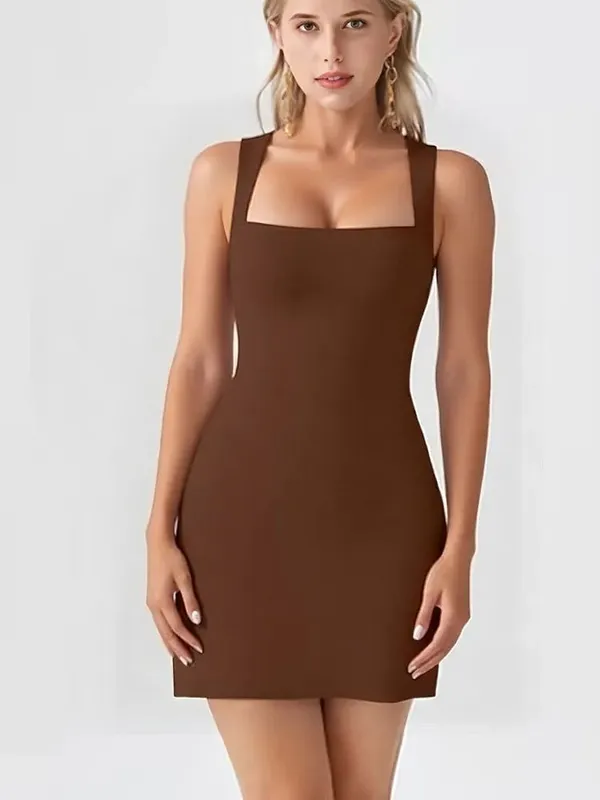 Verão elegante cor sólida simples pescoço quadrado sem mangas curto dresst nova moda versátil casual feminino magro básico vestido — image 10