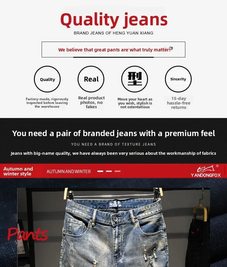 Spring and Autumn Elastic Nostalgic Large Size Ripped Jeans Men's Loose Fat Plus Trendy Brand Fat Guy Pants Washed Long Pants
