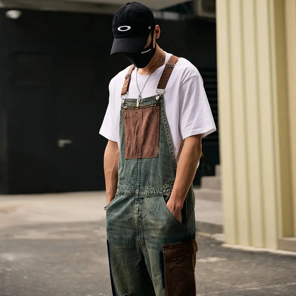 Men Big Multi Pockets Bib Overalls Vintage Blue Distressed Denim Cotton Cargo Jeans Adjustable Suspenders Coveralls Dungarees