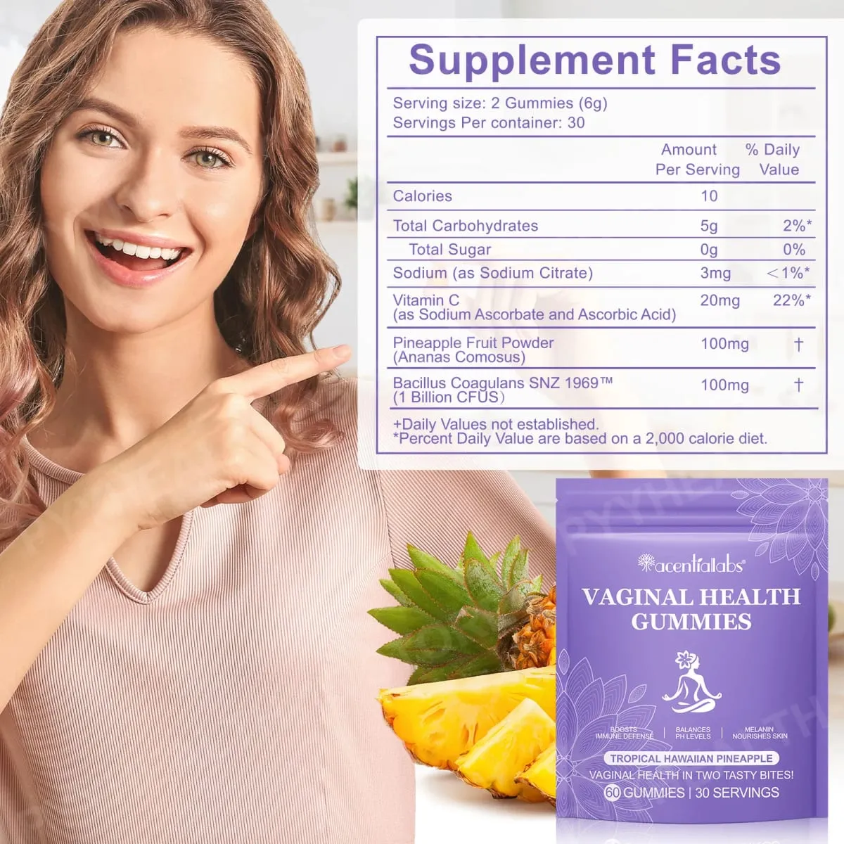 Gomas de saúde vaginal Suporte para equilíbrio de pH com vitamina C e frutas de abacaxi em pó sem gelatina Bem-estar diário 60 gomas