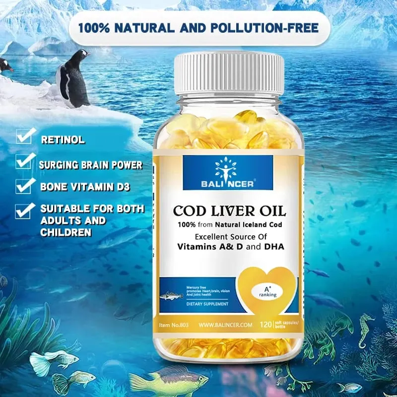 Cod Liver Oil Capsules Vitamins A & D and DHA Support Stress Relief Strengthen The Brain Bones Improve Memory and Intelligence