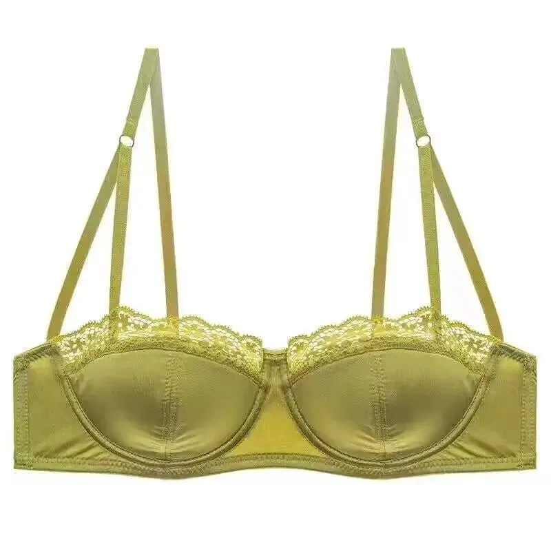 Europeu-americano sexy cetim meia xícara confortável conjunto de roupa interior de suporte superior fino com anel de aço borda de renda verde sutiã brilhante