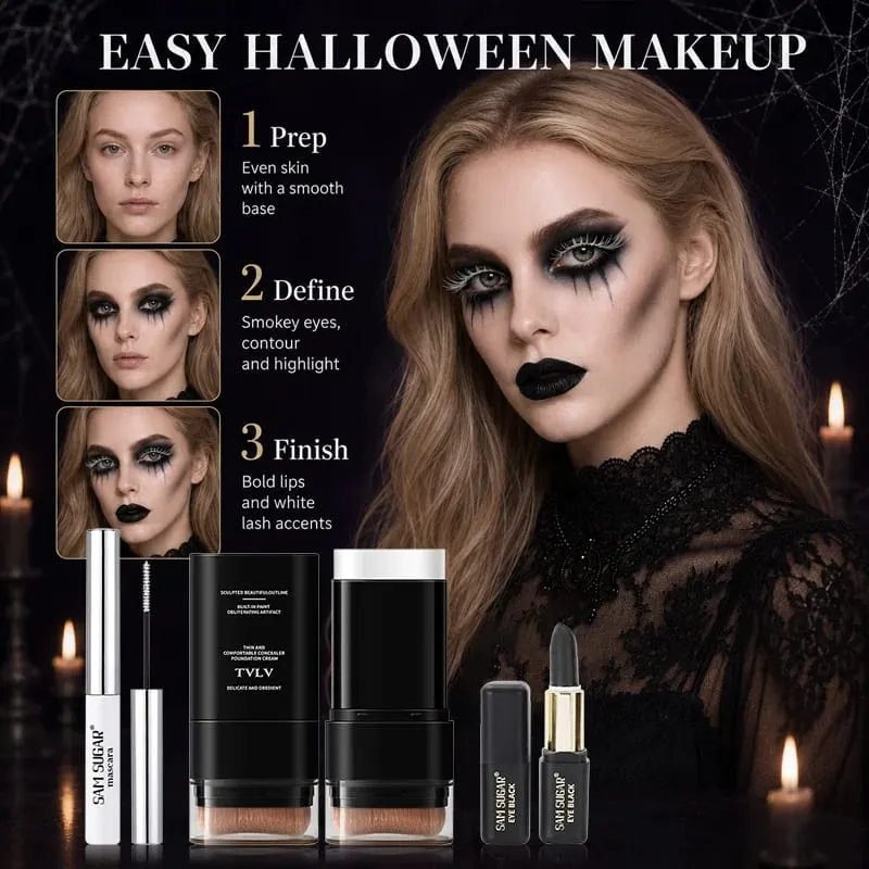 3PCS Halloween Makeup Kit Mascara White Foundation Stick Black Face Paint Stick Goth Vampire Skeleton SFX Cosplay Costume Party