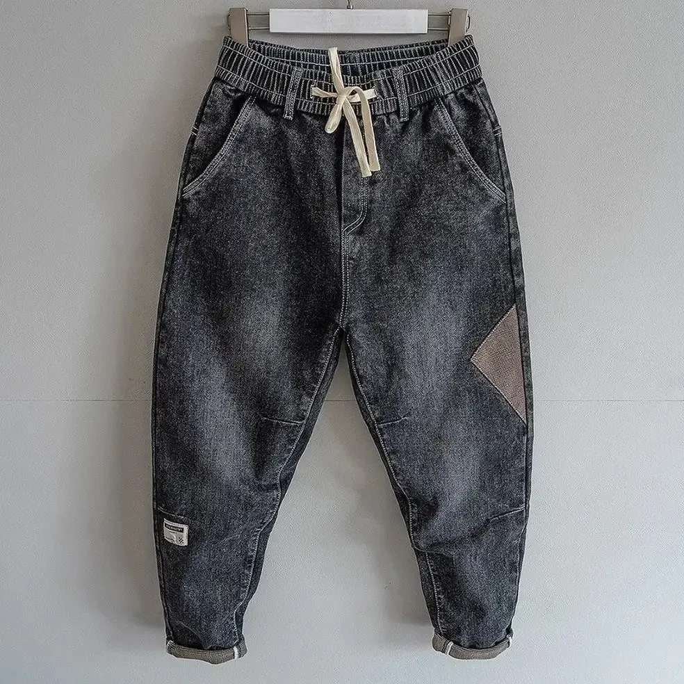 Solto cintura elástica denim jeans primavera outono emendado harem calças casuais masculinas 2024 coreano novo estiramento baggy carga jeans