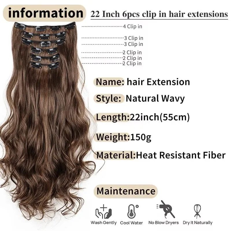 22 Polegada sintético 6 pçs/set longo encaracolado extensão do cabelo grosso macio peruca para cobertura de linha fina curta para uso diário feminino