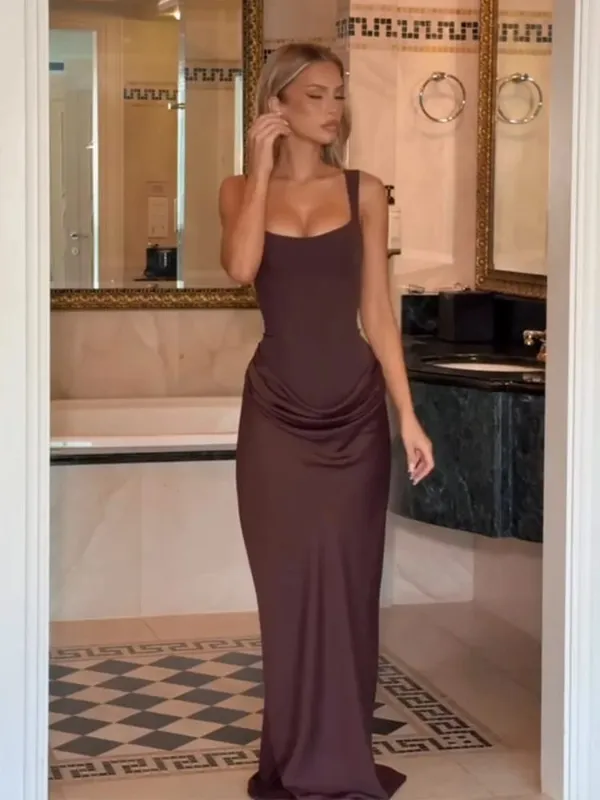 Elegante amarelo sem alças plissado vestido longo feminino chique sólido sem mangas cintura cinching split vestido 2026 senhora festa de noite robes