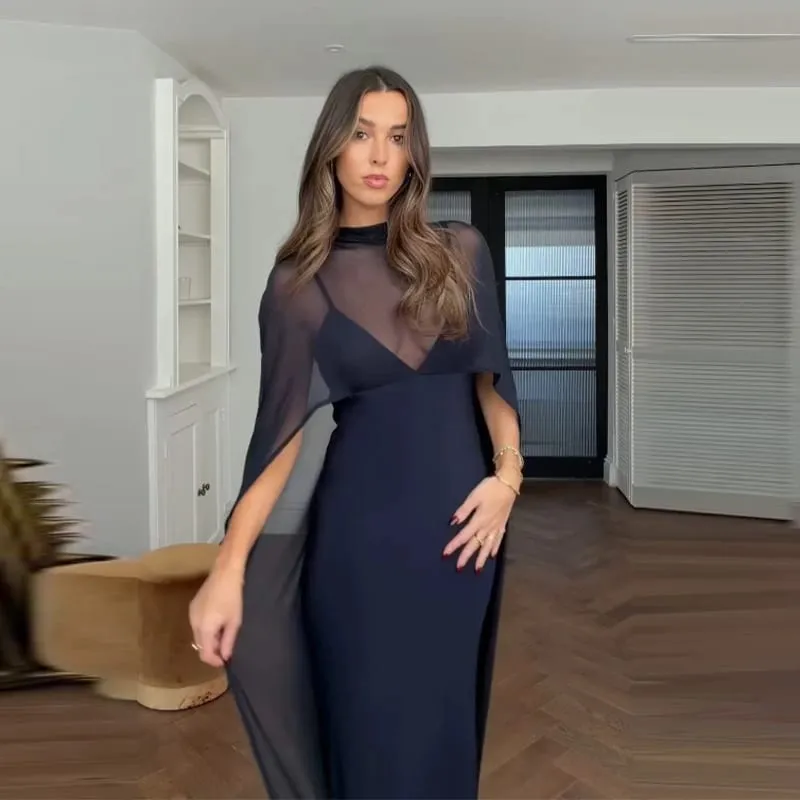 Sheer cape vestidos de noite femininos elegantes fino com decote em v sem costas sem mangas hip pacote vestido para mulher 2026 senhora vestidos de festa