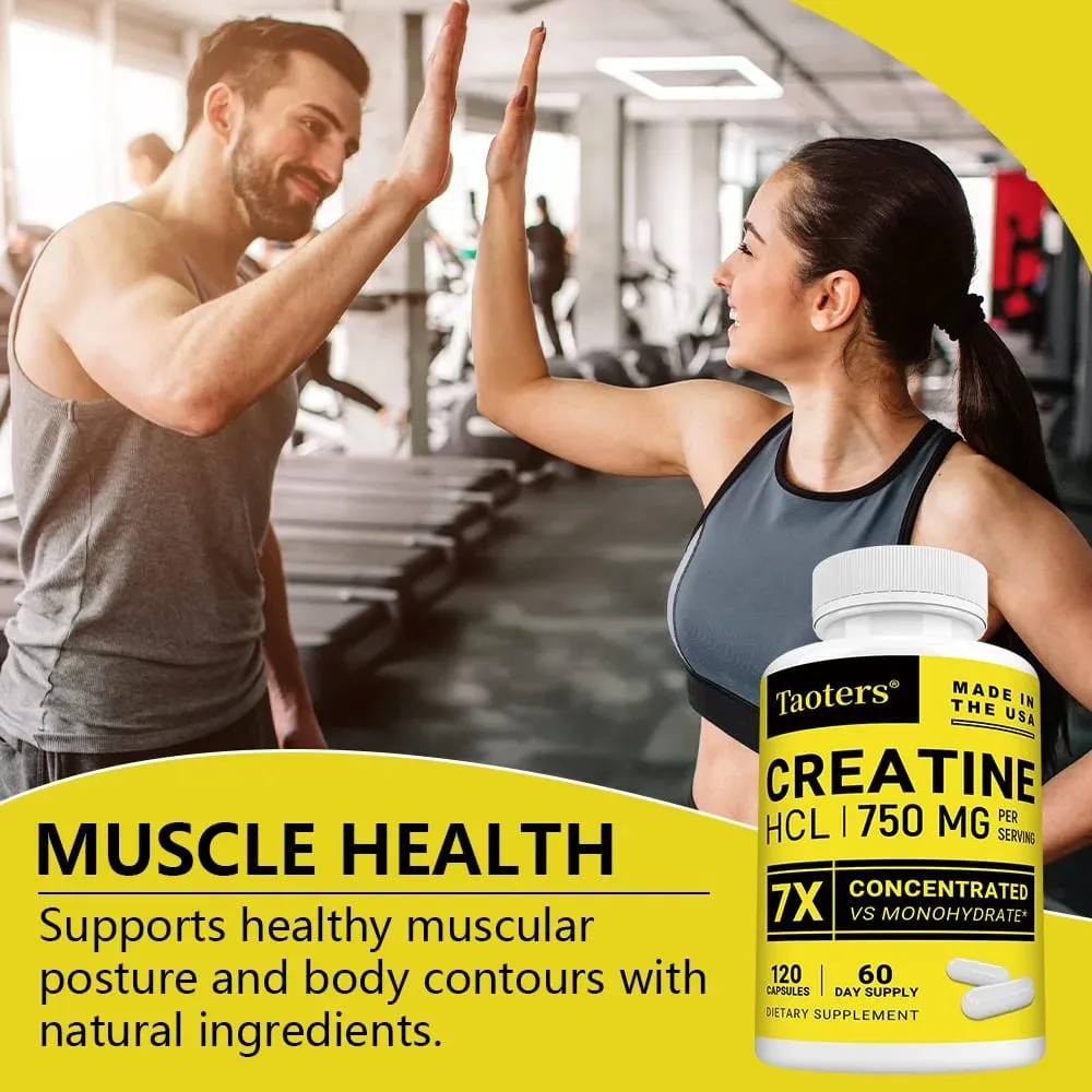 Cápsulas de creatina HCl aumentam a força muscular, foco, resistência, energia, suporte ao metabolismo, saúde cognitiva e cardíaca, não-OGM