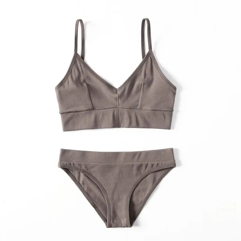 Conjunto de bralette feminino sem fio com nervuras, cor sólida, alça fina, sutiã e cuecas triangulares, lingerie
