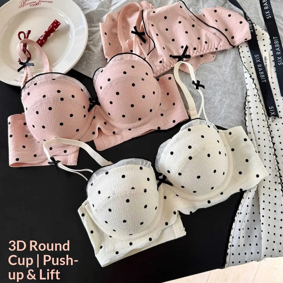 Lace Polka Dot Bra Two-Piece Set Small Bust Gathering Anti-Sagging Side Breast Collection Comfortable Wire-Free Lingerie Set