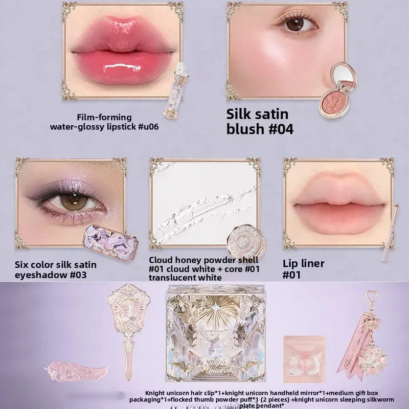 Conjunto de maquiagem de unicórnio Flower Knows Knight - Batom Blush Cloud Setting Powder Starlight Eyeshadow Kit de cosméticos em caixa de presente