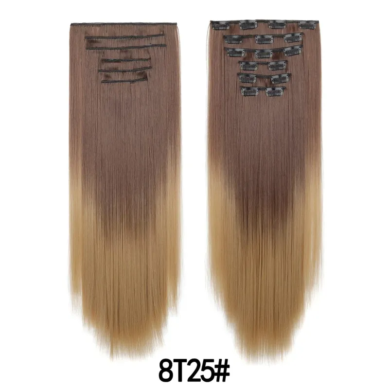 6PCS Set Clip In Hair Extensions 24Inch Long Straight Full Head Synthetic Hair Ombre Gradient Color Daily Use for Women Ladies