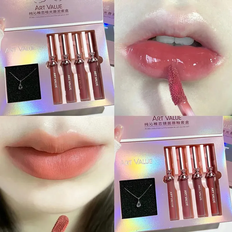 VALOR DA ARTE 4 Pcs Lipgloss Batom Líquido Duradoura Hidratante Maquiagem Espelho Lip Glaze Conjunto Com Colar Lip Tint Beleza Maquiagem