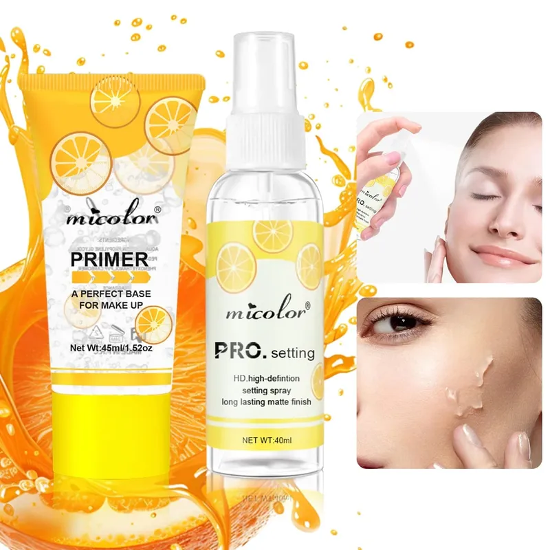Conjunto de maquiagem de primer de maquiagem + spray de configuração invisível poros renderização de cor segurar maquiagem para base de maquiagem e acabamento de maquiagem