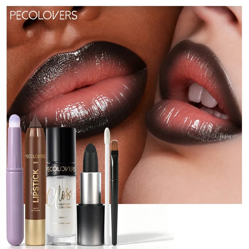 6PCS Lip Makeup Set Black Pigmented Lipstick Lip Liner Pencil Clear Glass-Like Shine Lip Gloss Lip Smudge Round Flat Brushes