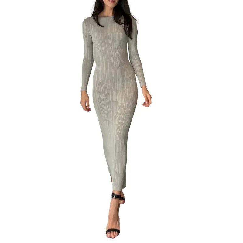 Women Spring Autumn Solid Color Bodycon Knit Dress Long Sleeve Crew Neck Ribbed Dress Slim Fit Long Dress
