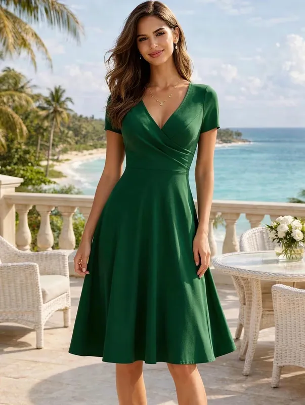 Feminino elegante em torno do pescoço verão manga curta sólido a linha na altura do joelho vestido de cintura alta swagger festa de casamento casual partida