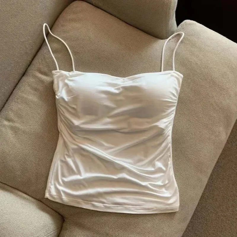 Top curto sexy com alças finas, regata branca lisa, estilo coreano, sem mangas, roupa íntima feminina, camisola justa