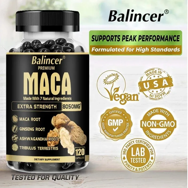 20X Extratos Concentrados Naturais Preto + Vermelho + Amarelo Raiz de Maca Ginseng Coreano Ashwagandha Cápsulas de Raiz de Maca 8050 mg