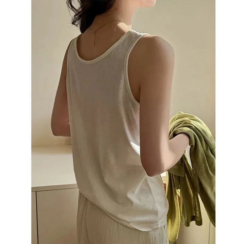 2026 novas mulheres verão casual regata cor sólida all-match básico sem mangas colete feminino coreano simples solto o-pescoço camis topo
