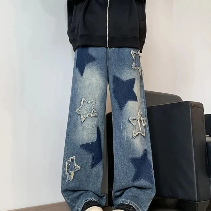 牛仔褲男直筒星星刺繡拼裝秋季牛仔褲Uomo闊腿嘻哈時尚青年中性街頭牛仔長褲