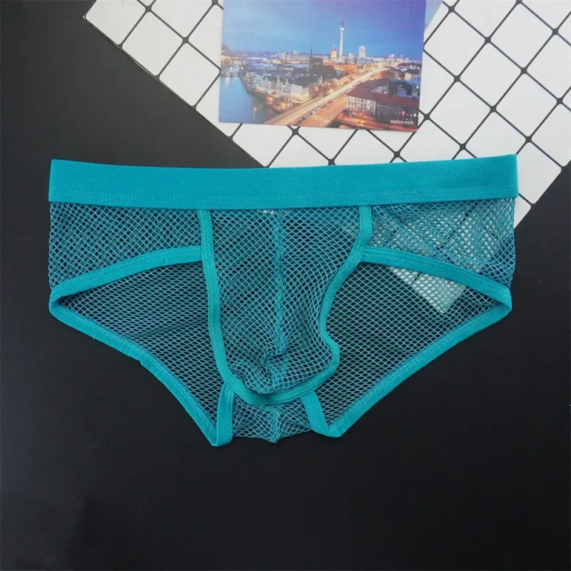 Plus size malha roupa interior masculina transparente grande fishnet u bolsa briefs masculino cintura baixa cor sólida sexy perspectiva calcinha masculina