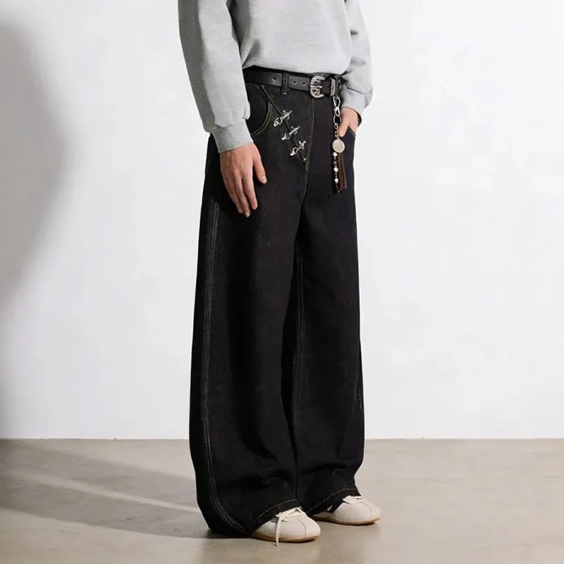 Airplane Button Design Black Men's Boot Cut Jeans Niche Unisex High Street Loose Wide Leg Denim Long Pants 2026 New 9X2176
