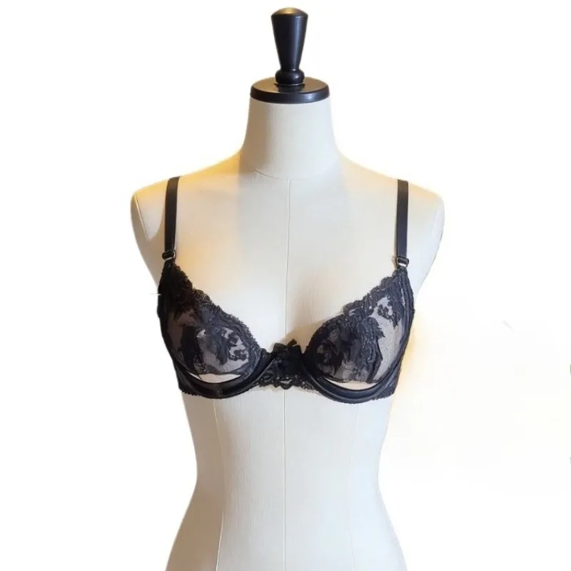 Conjunto de sutiã meia xícara de renda parisiense – lingerie de verão ultrafina com recortes transparentes e sem esponja, desejo francês sexy