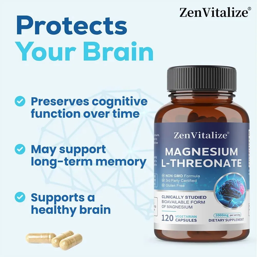 Magnesium L-Threonate - 2000 Mg Supports Memory Focus and Brain Function Supports Quality of Sleep 120 Capsules
