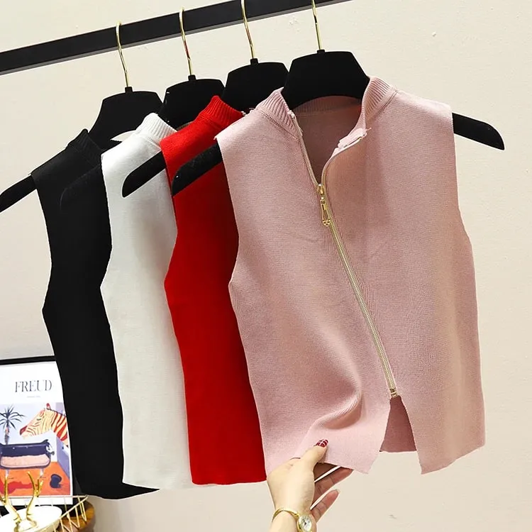 2026 Summer Spring zipper Knit Tank Top Cami Korean Camisole Elastic Vest O Neck Solid Color New Slim Breathable Tops White