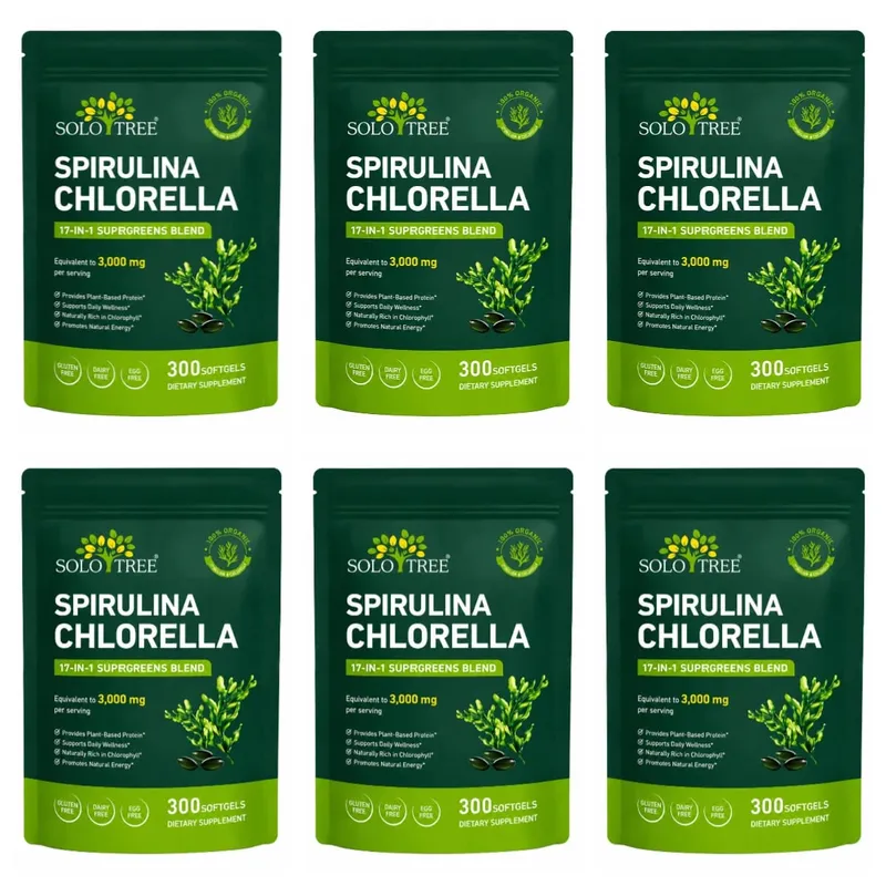 Solo Tree Spirulina Chlorella Softgels com Microalgas Orgânicas Vitamina B6 B12 Equilíbrio Digestivo e Suporte Imunológico 300 Softgels