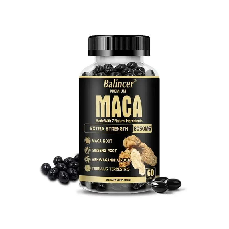 20X Extratos Concentrados Naturais Preto + Vermelho + Amarelo Raiz de Maca Ginseng Coreano Ashwagandha Cápsulas de Raiz de Maca 8050 mg