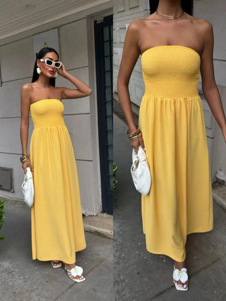 2026 nova moda verão cor sólida fora do ombro sem alças cintura-cintura vestido longo para mulher