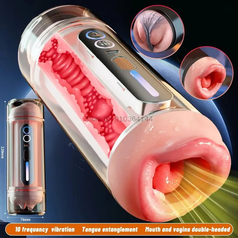 Vagina oral realista uso de duas cabeças masturbador masculino vibração automática gemendo bolso buceta voz boquete copo brinquedos sexuais para homem