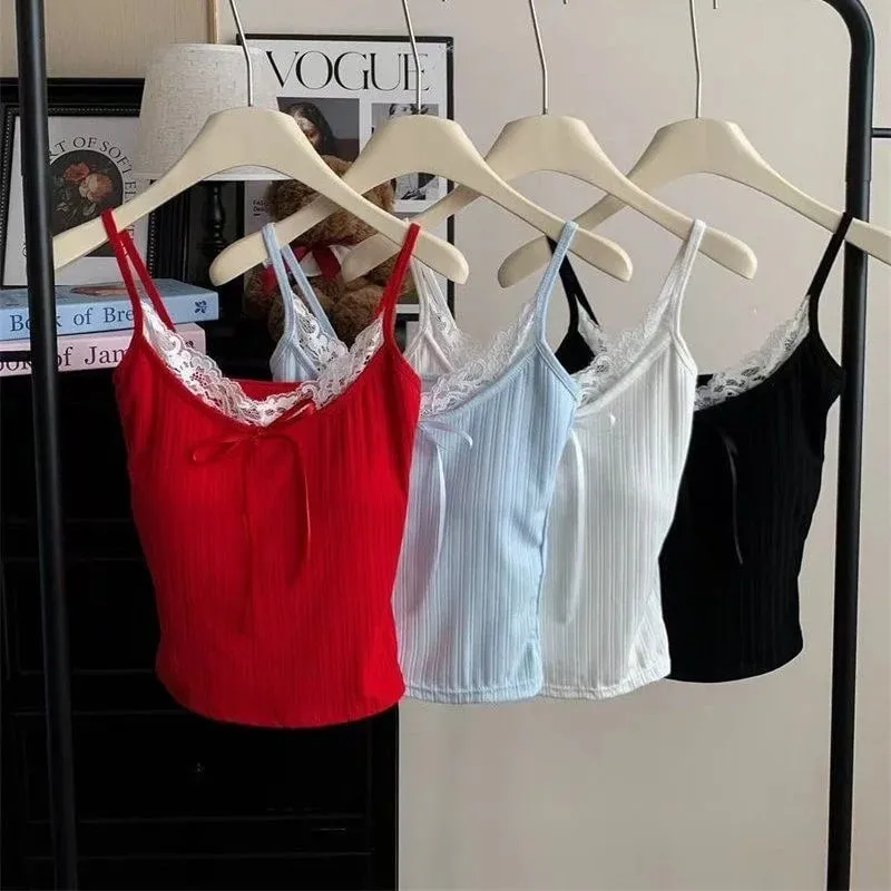Sexy Patchwork Lace Trim Camis Top Sweet Casual Slim Solid V-Neck Sleeveless Cute Tank Tops Women 2025 Summer Streetwear Lady