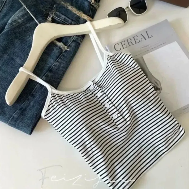 Colete feminino listrado integrado, roupa interna e externa, botão fixo, sem sutiã, top esportivo, estilo curto, algodão 100%, colete curto