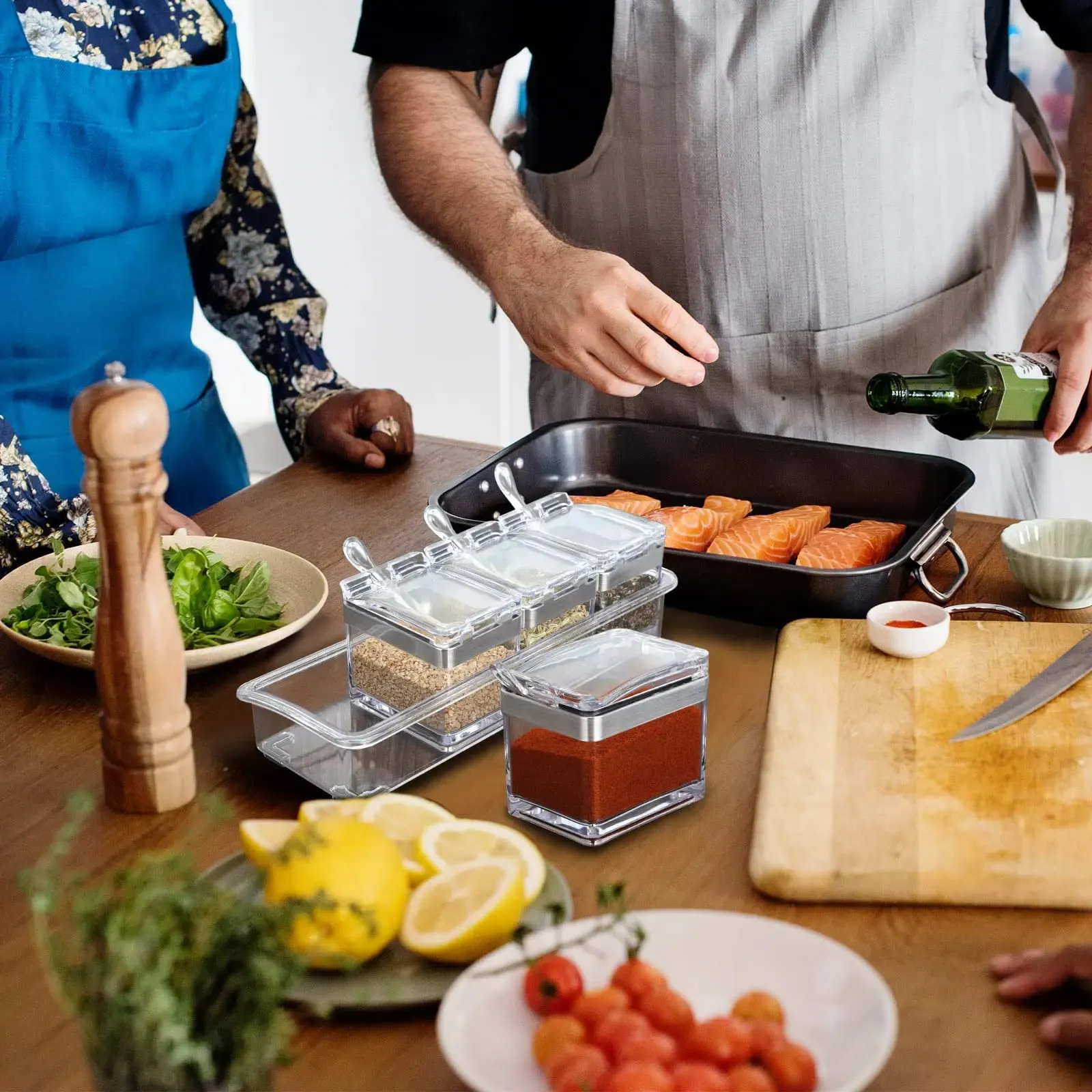Acessórios de cozinha gourmet caixa de tempero acrílico com 4 colheres de servir conjunto frasco de especiarias condimento garrafa cruet suprimentos de cozinha