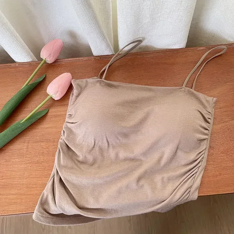 Sólido all-match plissado sling colete cinta almofada de peito roupa interior fino ajuste emagrecimento curto gyaru roupa exterior topo