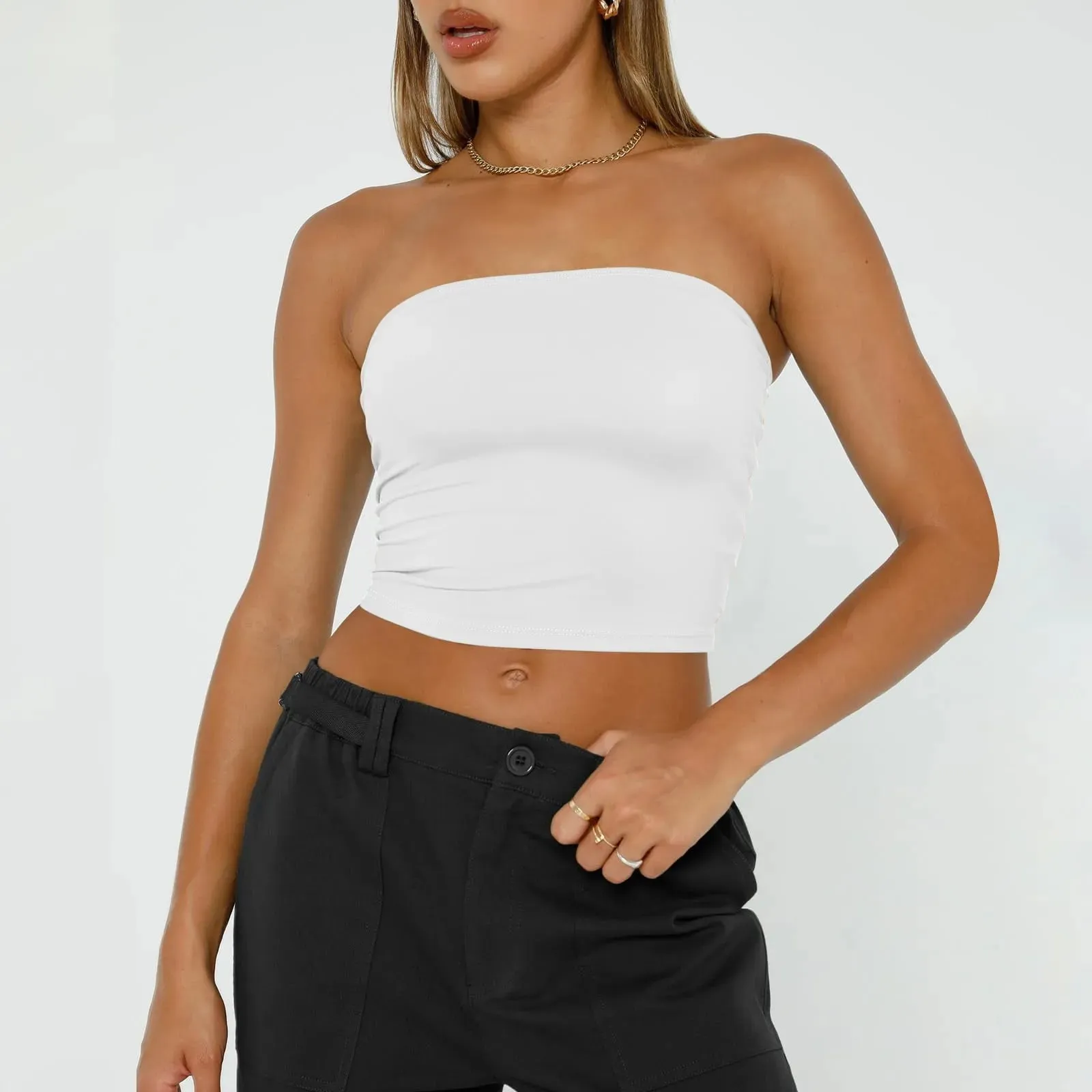 Top curto feminino sem alças, básico, sem costas, sem mangas, bandeau, fofo, sexy, tendência, moda de rua, clássico, sólido, tubo — image 12